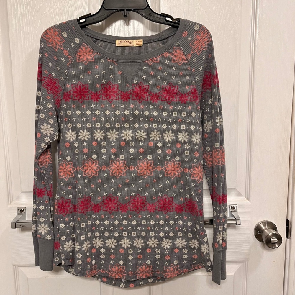 Faded Glory Womens XL Grey Pink Floral Waffle Knit Thermal Top XFGL35250PR